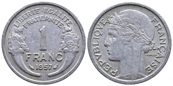 ФРАНЦИЯ 1 ФРАНК 1957 KM 885а.1 алюминий 91-131