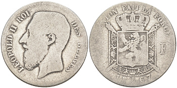 БЕЛЬГИЯ 1 ФРАНК 1867 ЛЕОПОЛЬД II (1865-1909), BELGES KM 28.1 серебро 106-424