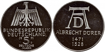 ФРГ 5 марок 1971 D, 500 лет со дня рождения Альбрехта Дюрера KM 129, J. 410 серебро PROOF 1520-1314