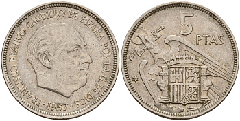 Испания 5 песет 1957 (75) Франциско Франко (1939-1975) KM 786 медно-никель    4601-1022
