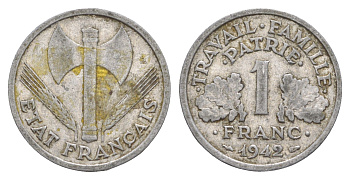 Франция 1 франк 1942 KM 902 алюминий 4539-857