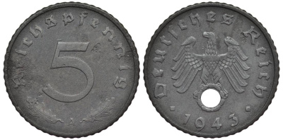 ГЕРМАНИЯ 5 РЕЙХСПФЕННИГОВ 1943 A KM 100, Jager 370 цинк 4547-724