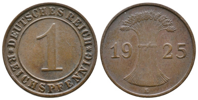 ГЕРМАНИЯ 1 РЕЙХСПФЕННИГ 1925 E KM 37, J. 313 бронза 4380-1121