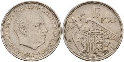 Испания 5 песет 1957 (75) Франциско Франко (1939-1975) KM 786 медно-никель    4601-1022