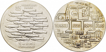 Финляндия 25 марок 1979 K-H, 750 лет городу-порту Турку KM 58 серебро UNC 1515-1145