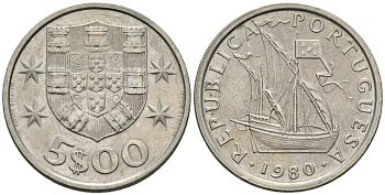 Португалия 5 эскудо 1980 парусник KM 591 медно-никель 4148-434