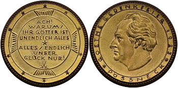 ГЕРМАНИЯ МЕДАЛЬ 1923 ГЁТЕ, ФАРФОР POSSNECK, ПОЗОЛОТА, ДИАМЕТР 51 ММ. фарфор 01-147-34