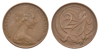 Австралия 2 цента 1966 Елизавета II (1952-2022), плащеносная ящерица KM 63 бронза 4585-1046