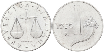 Италия 1 лира 1955 R, весы KM 91 алюминий  UNC  4594-719