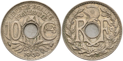 Франция 10 сантимов 1935 KM 866a, Le Franc 138.3 медно-никель 4143-1022
