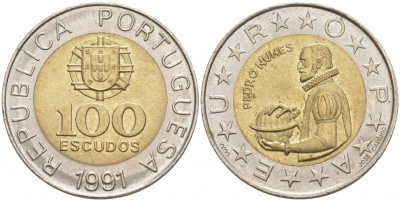 Португалия 100 эскудо 1991 Педру Нуниш (1502-1578), математик KM 645.1 биметалл UNC 73-335