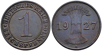 ГЕРМАНИЯ 1 РЕЙХСПФЕННИГ 1927 A KM 37, J. 313, Weege 2 бронза 4547-119