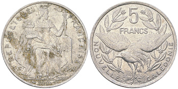 Французская Новая Каледония 5 франков 2001 птица кагу, (IEOM) KM 16, Schoen 12, Lec 81f алюминий 4111-432