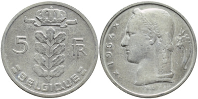 БЕЛЬГИЯ 5 ФРАНКОВ 1964 BELGIQUE KM 134.1 медно-никель 3999-1233