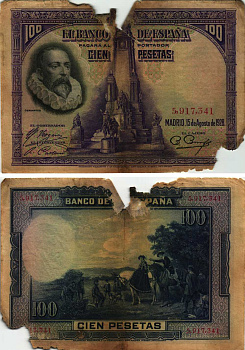 Испания 100 песет 1928 Мигель де Сервантес Сааведра, памятник Сервантесу, картина Дон Кихот Pick 76 а бумага 8609-34-1