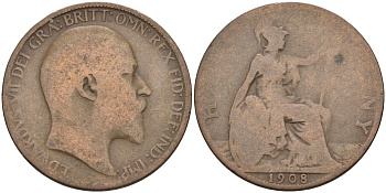 Великобритания 1/2 пенни 1908 Эдуард VII (1901-1910) KM 793.2, Spink 3991 бронза 4591-1037