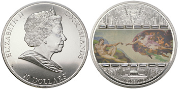 Острова Кука 20 долларов 2008 серия шедевры искусства, Микеланджело, Сотворение Адама, цветная эмаль, кристаллы, тираж 1000 экземпляров, вес 3 унции KM 636 серебро  PROOF  3-4-7-17
