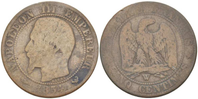 ФРАНЦИЯ 5 САНТИМОВ 1854 W, НАПОЛЕОН III (1852-1870) KM 777.7, LE FRANC 116.15 бронза 217-154
