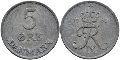 Дания 5 эре 1960 C; S, Фредерик IX (1947-1972) KM 843.2 цинк 51-4126