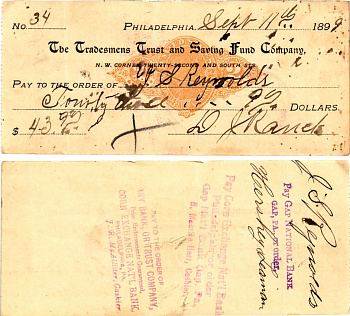США чек на 43,99 долларов 1899 Филадельфия бумага 3295-31-1-2