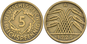 Германия 5 рейхспфеннигов 1925 A KM 39, J. 316, Weege 7 алюминиевая бронза 4589-123