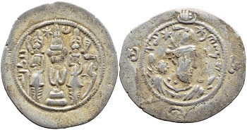 Государство Сасанидов драхма 531-579 Хосров I, бюст царя, два воина у горящего алтаря, город Йазд  серебро    270-1015