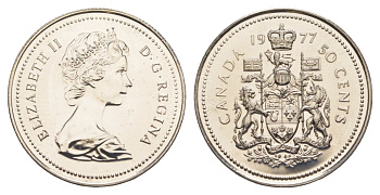 Канада 50 центов 1977 Елизавета II (1952-2022), герб KM 75 никель PROOF-LIKE (BU) 4631-953