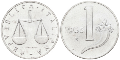 Италия 1 лира 1955 R, весы KM 91 алюминий  UNC  4594-646