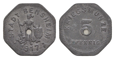 Бенсхайм 5 пфеннигов 1917 Funck 34.2A, Men05 1739.2, Men18 2245.2 цинк 4636-1039