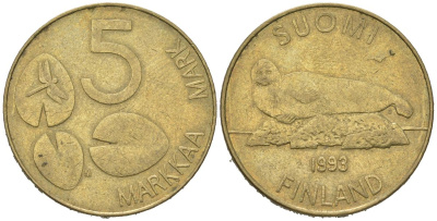 Финляндия 5 марок 1993 KM 73 алюминиевая бронза 4574-1031