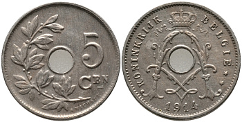 БЕЛЬГИЯ 5 САНТИМОВ 1914 BELGIE KM 67 медно-никель 72-1161