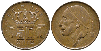 БЕЛЬГИЯ 50 САНТИМОВ 1953 BELGIQUE KM 144 бронза 4383-1161