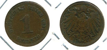 ГЕРМАНИЯ 1 ПФЕННИГ 1891 A KM 10, J. 10 медь 701-121