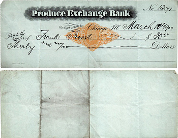 США чек на 30 долларов 1900 Produce Exchange Bank, Чикаго бумага 434-23-2-1