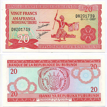 Бурунди 20 франков 2007 1 ноября 2007 Pick 27 d бумага UNC (пресс) 8589-38-2-2