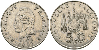 Французская Новая Каледония 50 франков 2009 хижина среди сосен и пальм, (IEOM) KM 13a, Schoen 15a, Lec 128i медно-никель 114-936