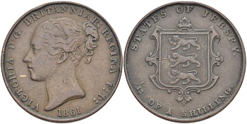 Джерси 1/13 шиллинга 1861 Виктория (1837-1901), большой формат KM 3 медь 4517-1014