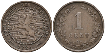 Нидерланды 1 цент 1884 Виллем III (1849-1890) KM 107 бронза 4576-618