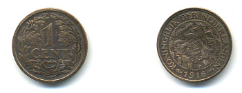 НИДЕРЛАНДЫ 1 ЦЕНТ 1916 KM 152 бронза 83-833