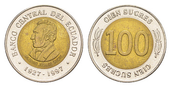 Эквадор 100 сукре 1997 70 лет Центробанку KM 101 биметалл UNC 4640-1251