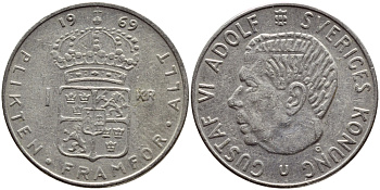 Швеция 1 крона 1969 Густав VI Адольф (1950-1973) KM 826a медь плакированная медно-никелем 4388-215