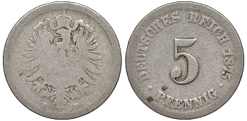 ГЕРМАНИЯ 5 ПФЕННИГОВ 1875 F, СТАРОГЕРБОВКА KM 3, J.3 медно-никель 45-445