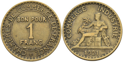 Франция 1 франк 1921 KM 876, Le Franc 218.5 алюминиевая бронза 4142-611