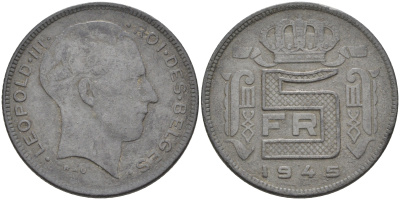 Бельгия 5 франков 1945 Belges, Леопольд III (1934-1947), германская оккупация KM 129.1 цинк 4592-352