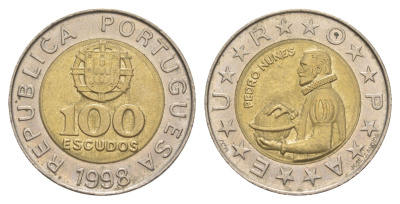 Португалия 100 эскудо 1998 Педру Нуниш (1502-1578), математик KM 645 биметалл 4391-354