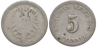 ГЕРМАНИЯ 5 ПФЕННИГОВ 1875 F, СТАРОГЕРБОВКА KM 3, J.3 медно-никель 45-445