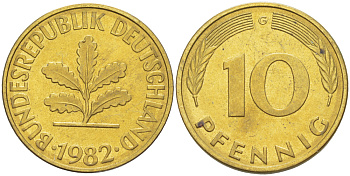 ФРГ 10 ПФЕННИГОВ 1982 G KM 108, J. 383 сталь плакированная латунью 4182-932