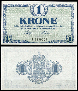 Дания 1 крона 1918 серия I Pick 12 d бумага UNC (пресс) 7484-3-1-2