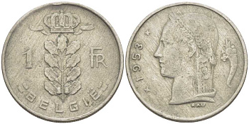 БЕЛЬГИЯ 1 ФРАНК 1953 BELGIQUE, БОДУЭН I (1951-1993) KM 142.1 медно-никель 119-441