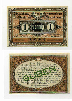 Германия 1 пфенниг 1917 инспекция лагерей военнопленных в Губене, III-ий Армейский корпус C-3053 бумага UNC (пресс) 504-74-1-1